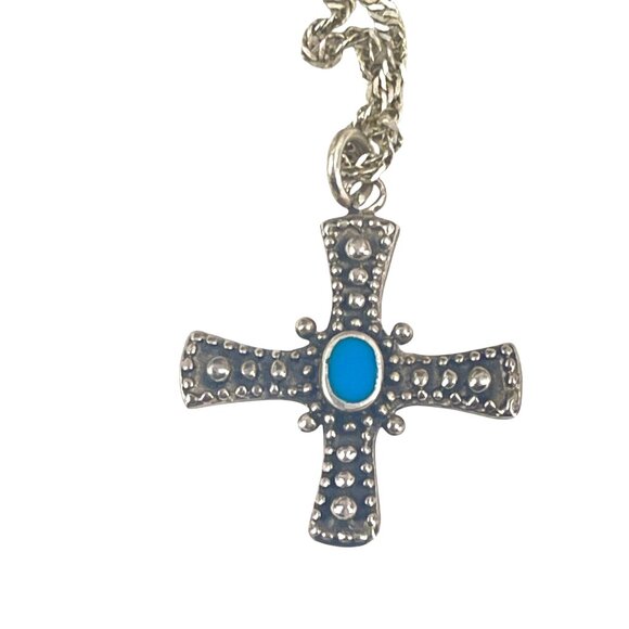 Sterling Silver Cross Pendant Necklace Turquoise Accent Intricate Detailing - Picture 1 of 9